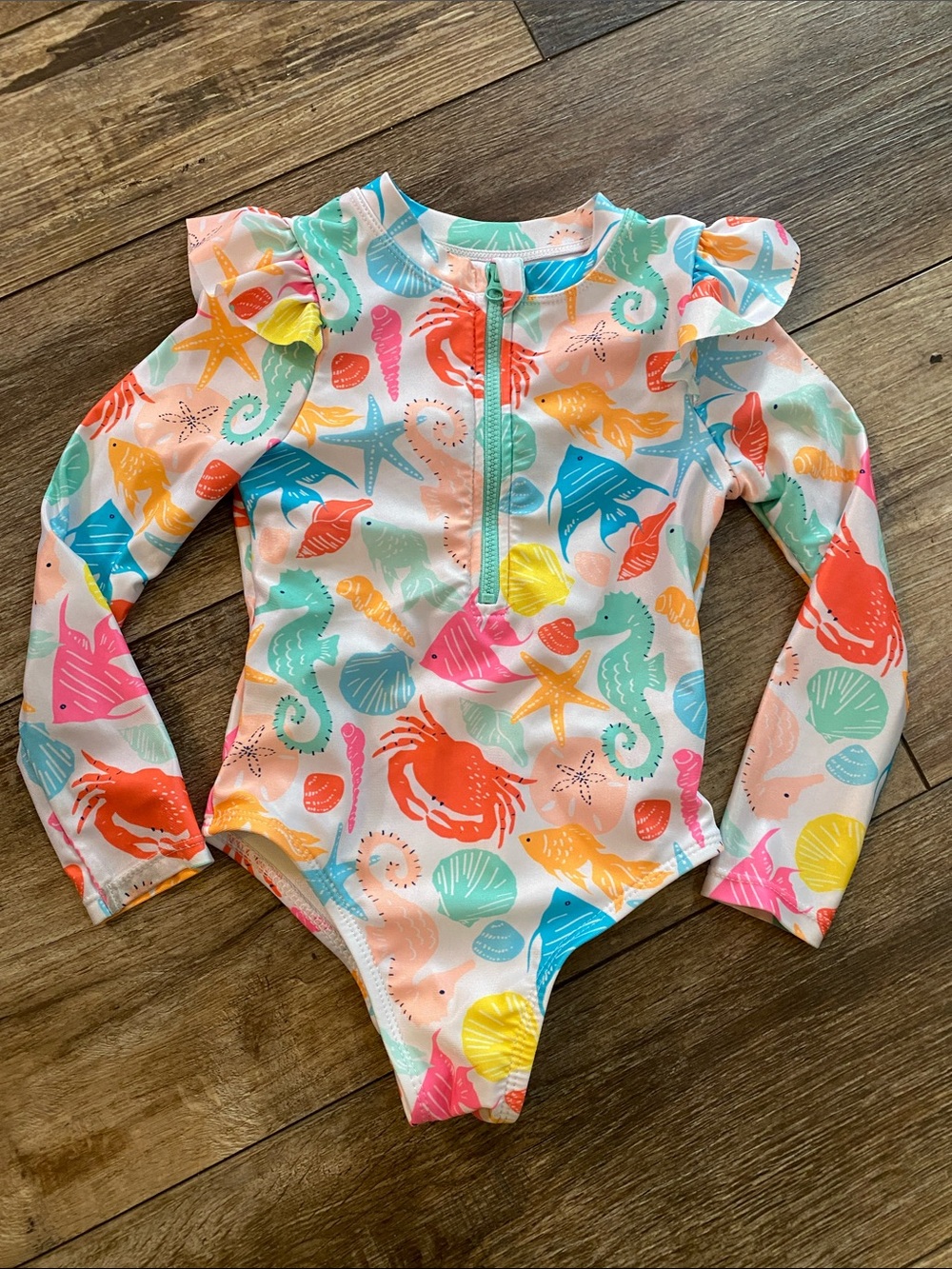 wonder nation Girls Long Sleeve One-Piece Swimsuit – Multicolor Sea Life